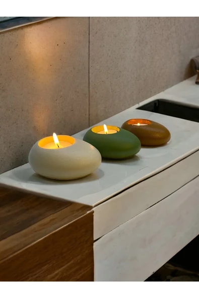 Three Drops Minimal Dekoratif Beton Tealight Mumluk 3'lü Set - 3