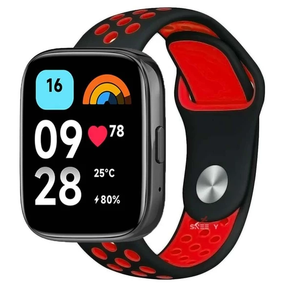 Sneezy Redmi Watch 3 Active Uyumlu FlexAir Supreme Silikon Kordon  Siyah - Kırmızı