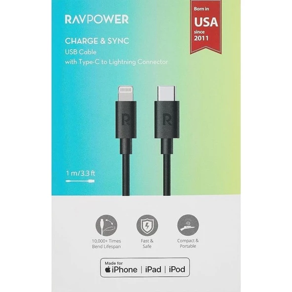 Ravpower RP-CB1016 Type-C To Lightning Cable 1M Tpe Black - Resim 2