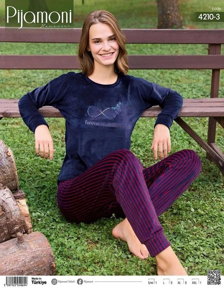 Pijamoni Kadın Kışlık Bisiklet Yaka Likralı Kadife Pijama Takımı 4210/3- 1 Adet  Lacivert S - M - 2
