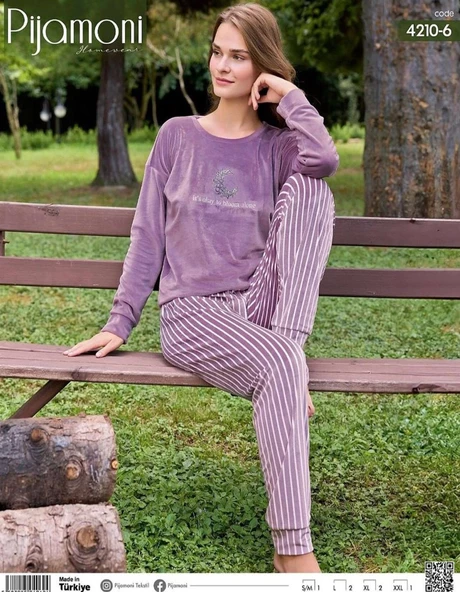 Pijamoni Kadın Kışlık Bisiklet Yaka Likralı Kadife Pijama Takımı 4210/6- 1 Adet  XL Lila - 2
