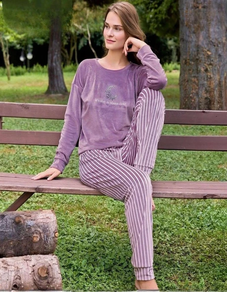 Pijamoni Kadın Kışlık Bisiklet Yaka Likralı Kadife Pijama Takımı 4210/6- 1 Adet  2XL Lila