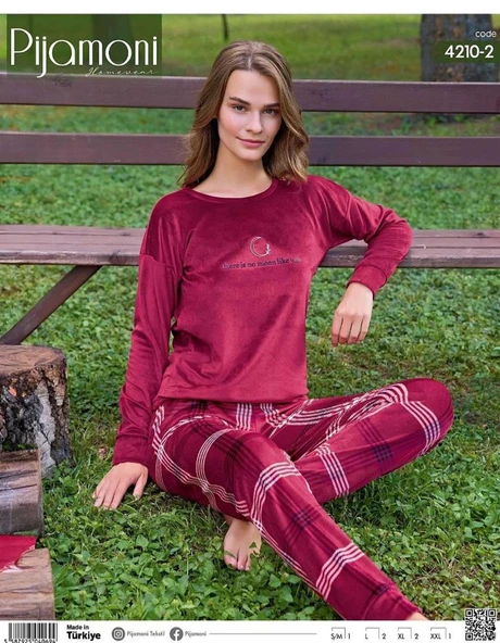 Pijamoni Kadın Kışlık Bisiklet Yaka Likralı Kadife Pijama Takımı 4210/2- 1 Adet  L Bordo - 2