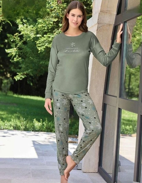 Pijamoni Kadın Kışlık Bisiklet Yaka Likralı Kadife Pijama Takımı 4210/16- 1 Adet  XL Haki