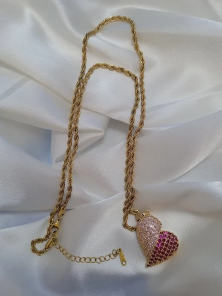 Altın Kaplama Çelik Pembe Kalpli Kolye - 2