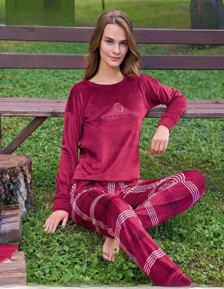 Pijamoni Kadın Kışlık Bisiklet Yaka Likralı Kadife Pijama Takımı 4210/2- 1 Adet  Bordo 2XL