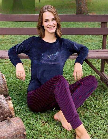 Pijamoni Kadın Kışlık Bisiklet Yaka Likralı Kadife Pijama Takımı 4210/3- 1 Adet  L Lacivert