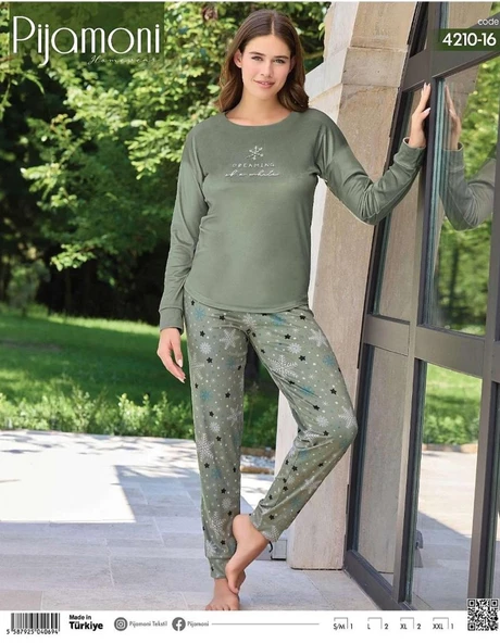 Pijamoni Kadın Kışlık Bisiklet Yaka Likralı Kadife Pijama Takımı 4210/16- 1 Adet  L Haki - 2