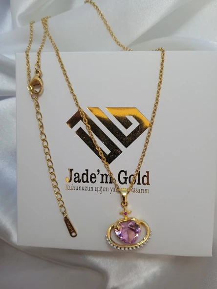 Çelik pembe taşlı kalpli kolye - 3