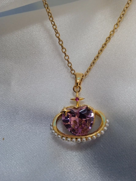 Çelik pembe taşlı kalpli kolye