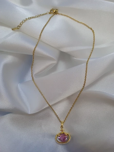 Çelik pembe taşlı kalpli kolye - 2