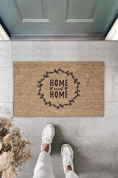 Bej Kapı Önü Paspası Home Sweet Home Kalpli Desen  K-3299