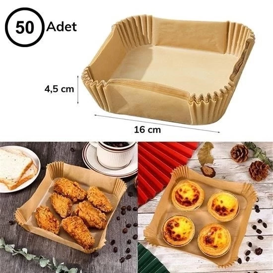 50 Adet Air Fryer Pişirme Kağıdı Tek Kullanımlık Hava Fritöz Yağ Geçirmez Yapışmaz Kare Tabak Model - 3