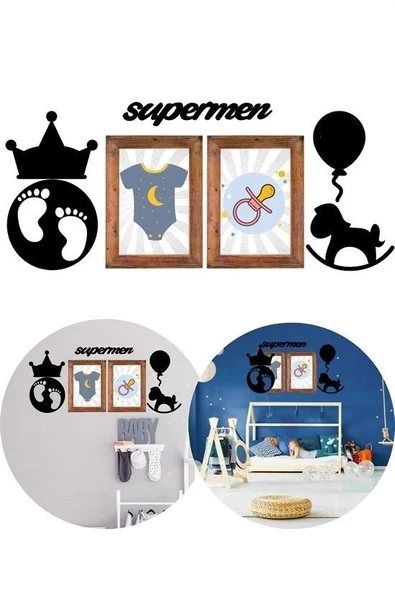 Deco103 Supermen Dekoratif Duvar Süsü Tablo Aksesuar Ahşap Tasarım Hediye Pano Sticker Seti - 4