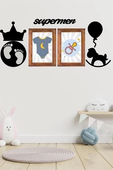 Deco103 Supermen Dekoratif Duvar Süsü Tablo Aksesuar Ahşap Tasarım Hediye Pano Sticker Seti - 3
