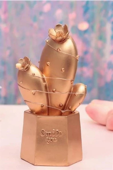 Led Işıklı Sevimli Kaktüs Dekoratif Masa Lambası Mini Biblo Gece Lambası Gold - 5