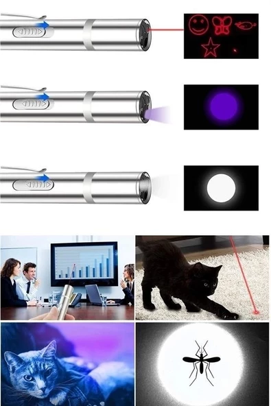 Usb İle Şarj Edilebilen 3ın 1 Kırmızı Işık +beyaz Led Meşale Işık + Uv El Feneri Kedi Lazeri - 8