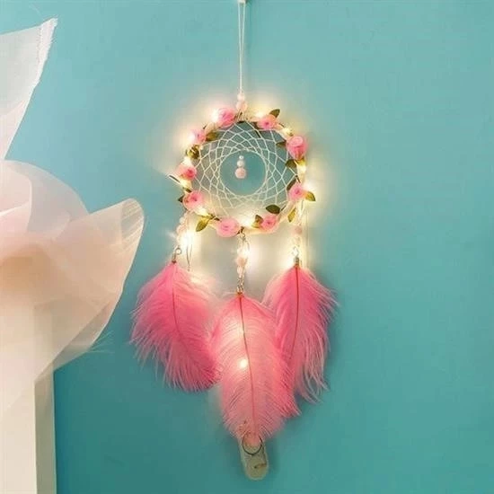 El Yapımı Kuş Tüyü Ve Led Işıklı Dekoratif Asma Düş Rüya Kapanı - 4