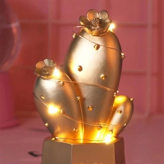 Led Işıklı Sevimli Kaktüs Dekoratif Masa Lambası Mini Biblo Gece Lambası Gold - 2
