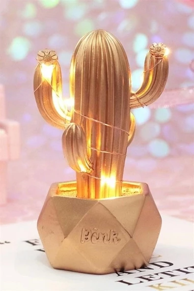 Led Işıklı Sevimli Kaktüs Dekoratif Masa Lambası Mini Biblo Gece Lambası-gold - 8