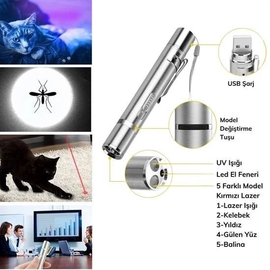 Usb İle Şarj Edilebilen 3ın 1 Kırmızı Işık +beyaz Led Meşale Işık + Uv El Feneri Kedi Lazeri - 4