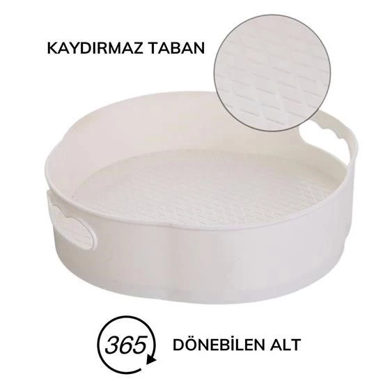 360 Derece Dönebilen Mekanizmalı Yuvarlak Tepsi Formlu Sunum Ve Servis Organizer Tablası - 5