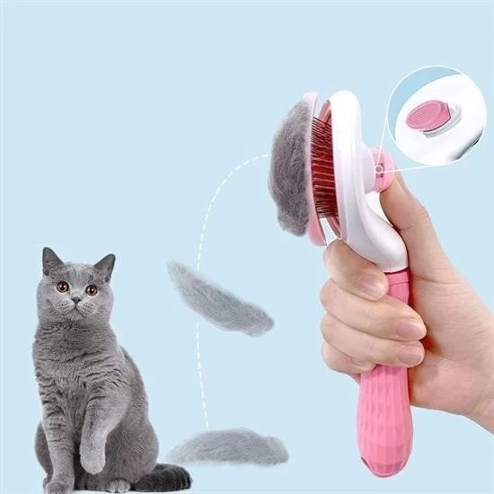 Kedi Köpek Tüy Toplayıcı Kendini Temizleyebilen Ergonomik Saplı Evcil Hayvan Tarağı Pembe - 3