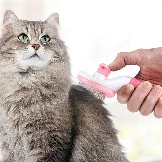 Kedi Köpek Tüy Toplayıcı Kendini Temizleyebilen Ergonomik Saplı Evcil Hayvan Tarağı Pembe - 2