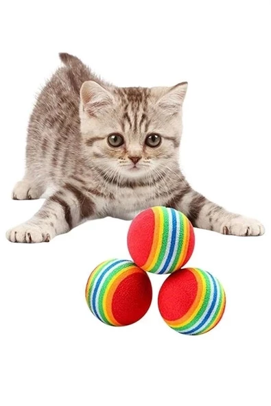 ® 3lü Gökkuşağı Sünger Kedi Köpek Çiğneme Oyun Topu 4,2 Cm - 7