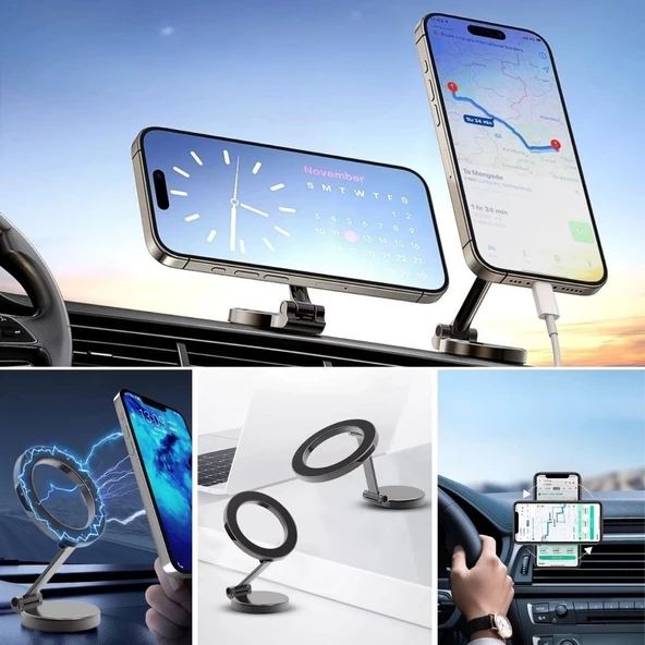 Tüm Telefonlarla Uyumlu Manyetik Araç Telefonu Tutacağı Katlanır 360 Derece Dönen Telefon Standı - 3