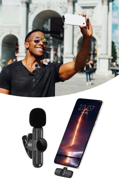 Type C Uyumlu İphone Dönüştürücülü Kablosuz Yaka Mikrofonu Android Ve İphone Uyumlu Mini Mikrofon - 5
