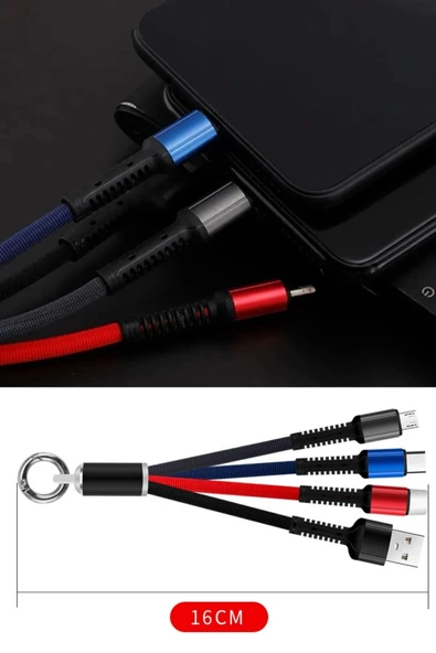 Işıklı Anahtarlık Model 3 İn 1 Usb Çıkışlı Mikro,type-c Ve İphone Uyumlu Şarj Kablosu - 8