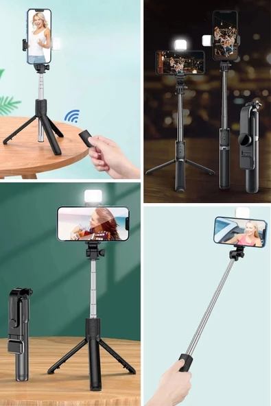 Kendiliğinden Işıklı Masaüstü Tripod Olabilen Telefon Tutuculu Kablosuz Kumandalı Selfie Çubuğu - 5