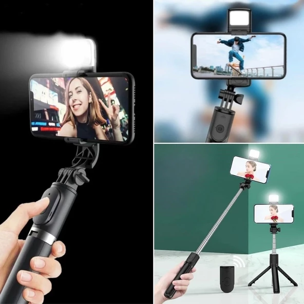 Kendiliğinden Işıklı Masaüstü Tripod Olabilen Telefon Tutuculu Kablosuz Kumandalı Selfie Çubuğu - 2