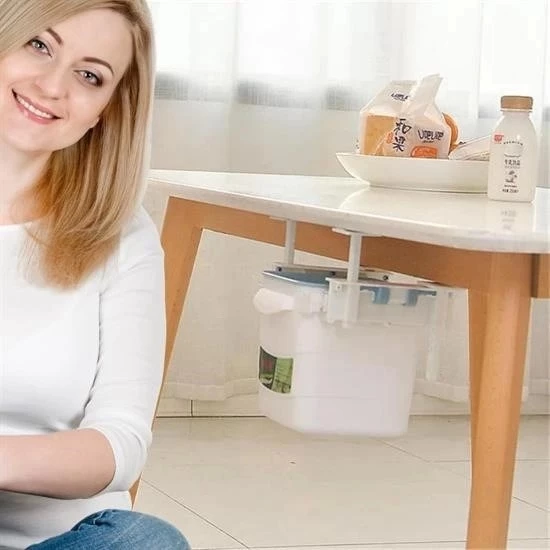 Mini Masa Çöp Kovası Plastik Tezgah Altı Geri Çekilebilir Yapışkanlı Görünmez Bölme Pratik - 7