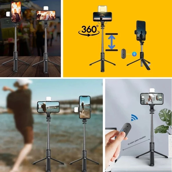 Kendiliğinden Işıklı Masaüstü Tripod Olabilen Telefon Tutuculu Kablosuz Kumandalı Selfie Çubuğu - 6