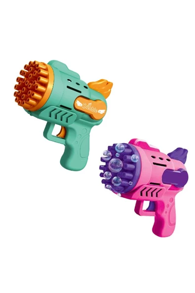 RAYTOYS OYUNCAK   2 ADET MAVİ PEMBE KÖPÜK TABANCASI 29 DELİKLİ ÇOKLU KÖPÜK ATAN TABANCA  2 SOLİSYON HEDİYE BUBBLES GUN