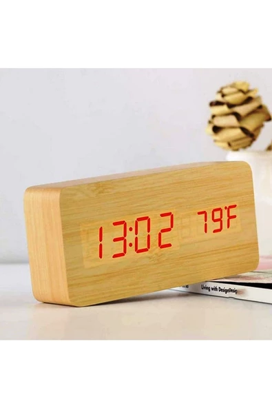 RAYTOYS OYUNCAK   VIP WOODEN CLOCK RED LİGHT DİGİTAL KREM AHŞAP GÖRÜMÜMLÜ DİJİTAL SAAT SESE DUYARLI ALARM DERECE TARİH