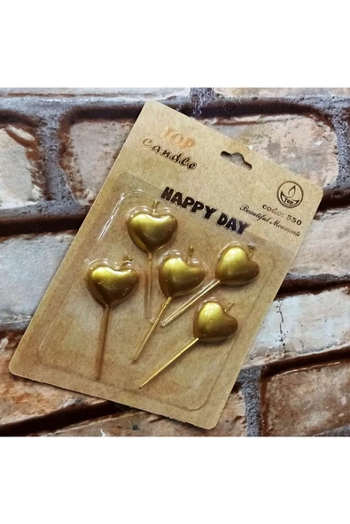 RAYTOYS OYUNCAK   Vıp Gold Heart Happy Bırthday Candle 5 Adet Metalik Gold Kalpli Pasta Mumu Kalpli Doğum Günü Mumu