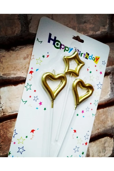 RAYTOYS OYUNCAK   VIP GOLD HEART CANDLE 2 ADET METALİK GOLD KALPLİ PASTA MUMU 1 ADET YILDIZ MUM KALPLİ DOĞUM GÜNÜ MUMU