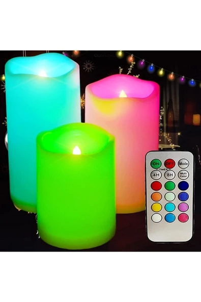 RAYTOYS OYUNCAK   Led Remote Control Electronic Candle Kumandalı Renkli Işıklı Mum 3lü Set Küçük Orta Büyük Işıklı Mum