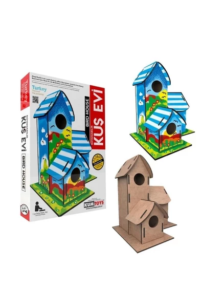 RAYTOYS OYUNCAK   MAKET BOYANABİLİR KUŞ EVİ BOYAMA MAKETİ NATUREL AHŞAP BOYAMA BIRD HOUSE 6 RENK AKRİLİK BOYA FIRÇA