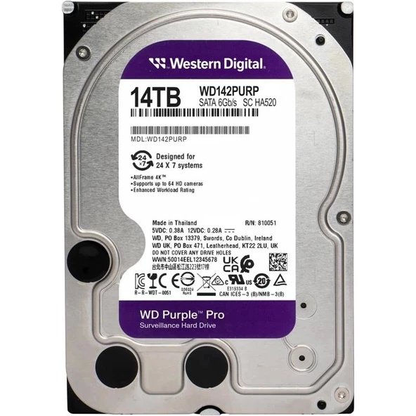 14 Tb Wd 3.5 Purple Sata3 7200rpm 512mb 7/24 Guvenlık Wd142purp (3 Yıl Resmı Dıst Garantılı)