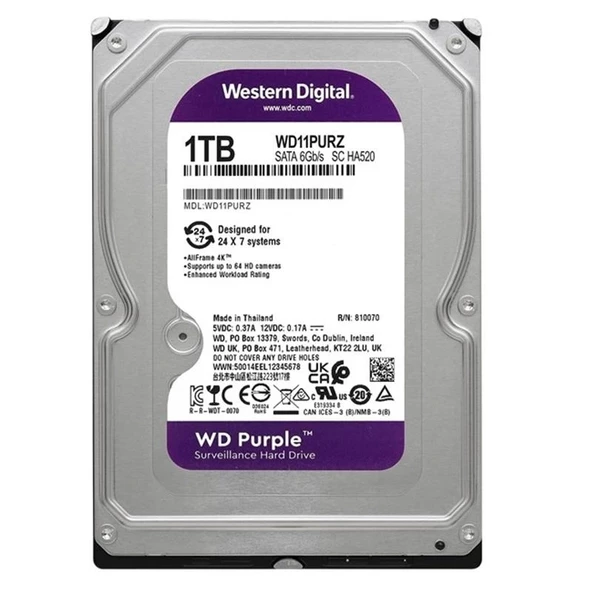 1 Tb Wd 3.5 Purple Sata3 5400rpm 64mb 7/24 Guvenlık Wd11purz (3 Yıl Resmı Dıst Garantılı)