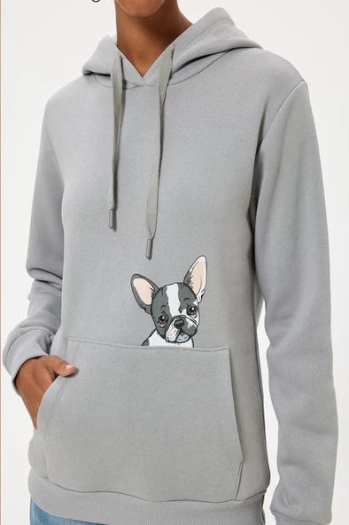 Koton Oversize Kapüşonlu Sweatshirt Kanguru Cep Detaylı Köpek Baskılı Şardonlu - 5
