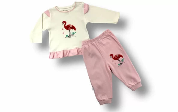 3-6 6-9 9-12 Ay Flamingo Nakışlı Uzun Kollu Sweatli 2li Kız Bebek Takımı