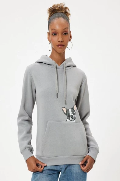 Koton Oversize Kapüşonlu Sweatshirt Kanguru Cep Detaylı Köpek Baskılı Şardonlu - 3