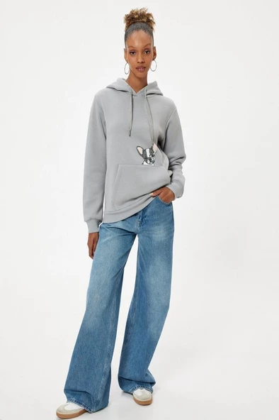 Koton Oversize Kapüşonlu Sweatshirt Kanguru Cep Detaylı Köpek Baskılı Şardonlu - 2