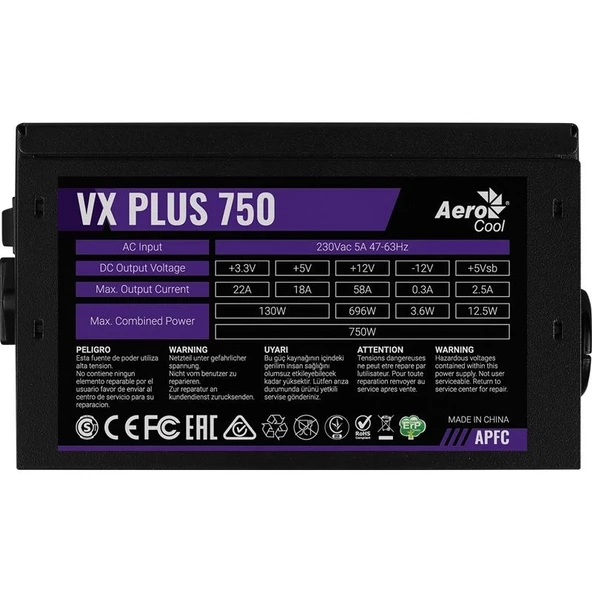 Aerocool Ae-vxp750 Vx Plus 750w 58a Atx Aktif Pfc Power Supply