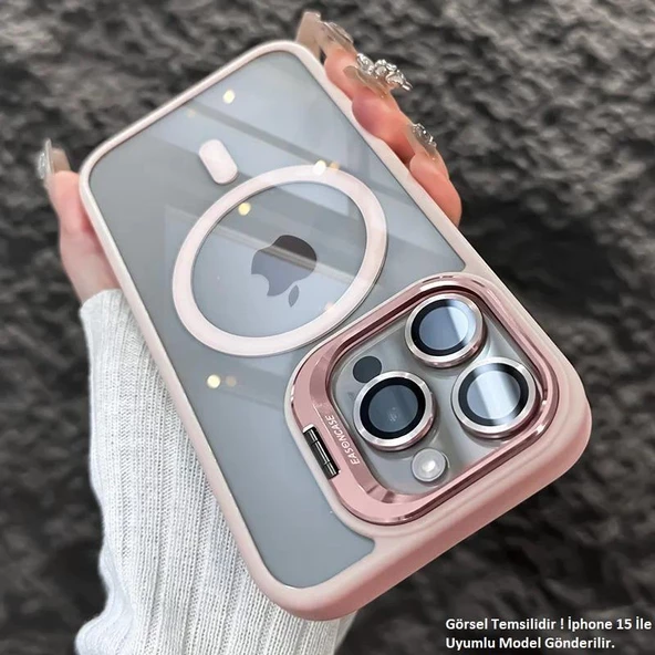 iPhone 15 Plus Uyumlu Kılıf Klon Stantlı + Lens Korumalı MagSafe Kapak - Resim 5